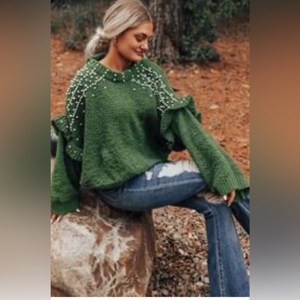 POL green chenille cropped sweater pearl embellished ruffle sleeves boho S EUC - Picture 2 of 15
